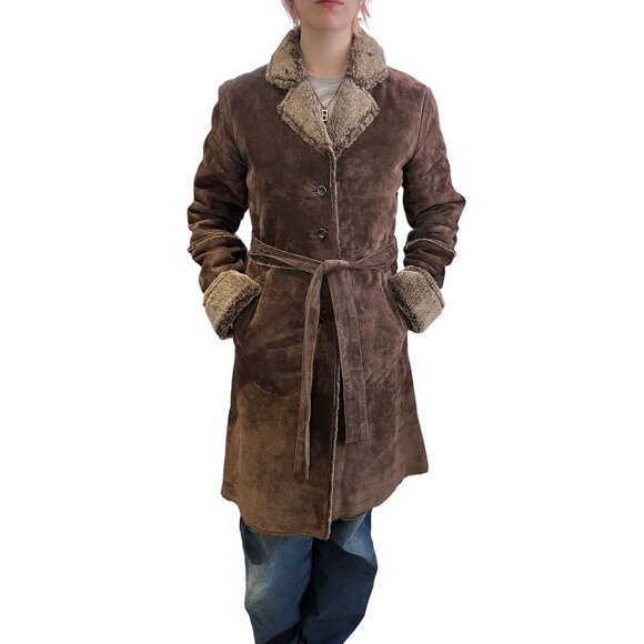 Y2K Brown Suede Penny Lane Coat Faux Sherpa Lining Fur Collar & Cuffs - Picture 1 of 12